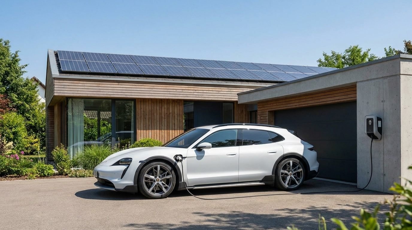 Elektroauto lädt an einer Wallbox mit Solarstrom vom Hausdach